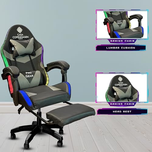 Image of Casa Copenhagen Designed in Denmark,High-Back Italian Leather Gaming Ergonomic Chair with Advanced Mechanism with LED Light & Electric Back Massager, Memory Foam Seating - Grey & Black