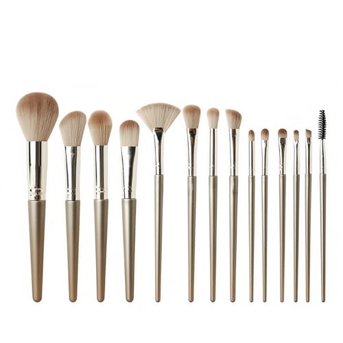 Kit de Pincéis de Maquiagem 14 Peças, Cor Marrom Claro, Conjunto Completo para Maquiagem Natural e Dia a Dia, Cerdas Macias Vegan