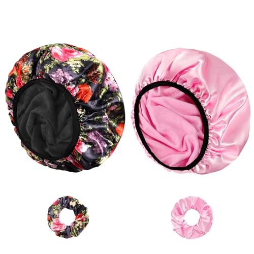 Shower Cap for Women 2 PCS 3 Layers Terry Lined Shower Caps + 2 Satin Scrunchies Waterproof Terry Cloth Bath Caps Elastic and Reusable Hair Cap for Shower - (Pink+Flower A)