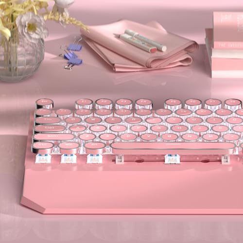 Image of MageGee Typewriter Mechanical Gaming Keyboard, Retro Punk Round Keycap LED White Backlit USB Wired Keyboards for Game and Office, for Windows Laptop PC Mac - Blue Switches /Pink