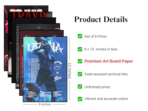 Image of Song Artist Aesthetic Music Posters Pack of 8 | A4 Size Wall Art for Bedroom, Living Room & Studio | Includes Adhesive Tape | Music Artist Poster Set (Travis Scott)