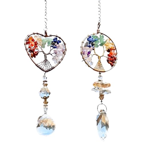 SiumPklay 2-Pack Tree of Life Suncatchers with Crystals | Heart & Circle Window Ornaments | Spiritual Gifts for Women, Rainbow Makers for Home Decor