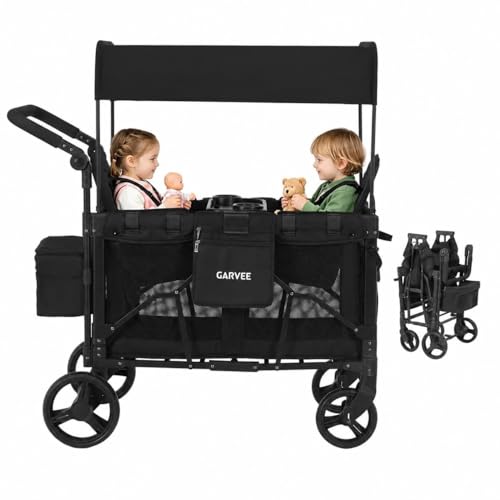 Bollerwagen Für 2 Kinder Bollerwagen Faltbar Kinder mit Snack Ablage Bollerwagen mit Sitzen abnehmbarem Sonnendach 5-Punkt schwenkbaren/feststellbaren Rädern und 600D Oxford-Gewebe