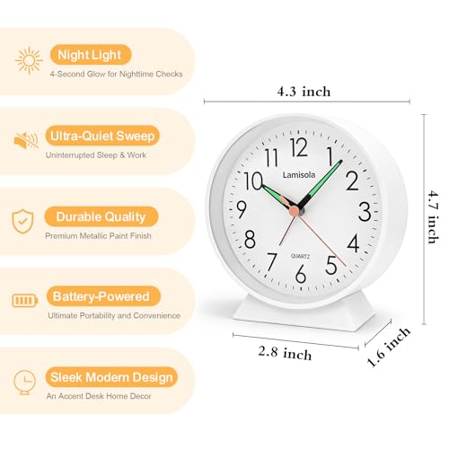 Image of 4.5 Inch Small Silent Analog Alarm Clock, Retro Battery Operated Desk Clock with Night Light Stays On 4 Seconds Vintage Metal Table Clock for Bedside, Nightstand, Bedroom, Office, Bathroom - White
