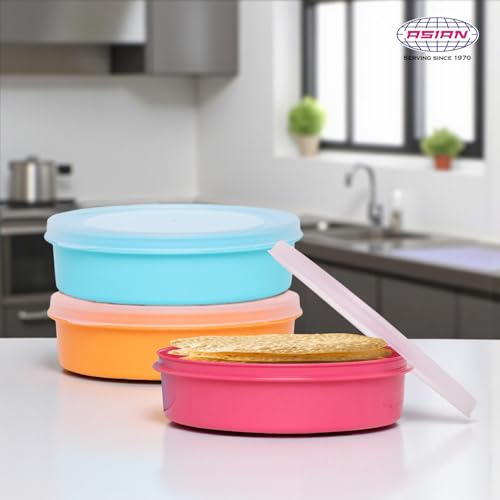 Image of Asian Plastowares Plastic Papad Box Set (1000ml Each) | Airtight Kitchen Storage Container for Papad,Khakhra, Snacks & Dry Fruits | Food Grade BPA Free Plastic | Round Storage Box with Lid |Set of 3