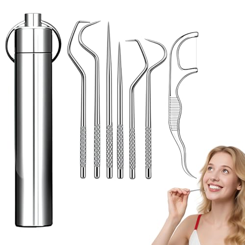 7Pcs Portable Stainless Steel Toothpicks Pocket Set Reusable Metal Toothpick with Holder Tartar Remover For Teeth Oral Cleaning kit for Outdoor Picnic Camping Travel (1PC)