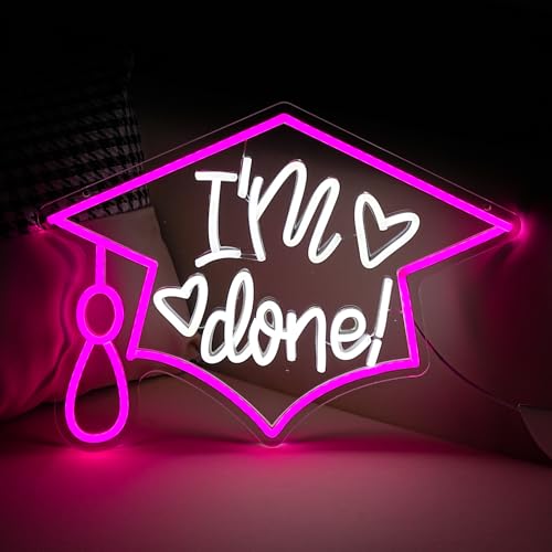Image of I'm Done Neon Sign LED Bachelor's Cap Light Sign Dimmable Graduation Decor Neon Light USB Powered Congrats Neon Light for Commencement School Graduation Party Wall Decor(16.5 * 12.6 In)