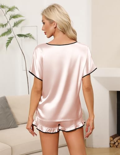 Ekouaer Satin Pajama Set for Women 2 Piece Silk Pjs Soft Short Sleeve Sleepwear Top with Ruffle Shorts S-XXL2