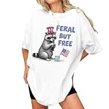 Funny Feral But Free Racoon T-Shirt - Retro Patriotic Shirts for Women, Men - American Flag Fourth of July Tee - Party Sarcasm Apparel - USA Gift On Independence Drinking Day (White-XL)