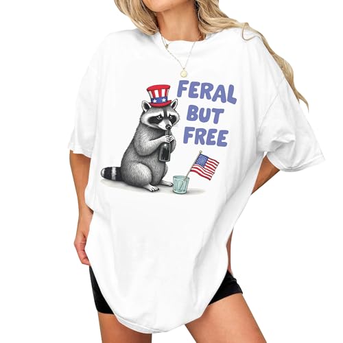 Funny Feral But Free Racoon T-Shirt - Retro Patriotic Shirts for Women, Men - American Flag Fourth of July Tee - Party Sarcasm Apparel - USA Gift On Independence Drinking Day (White-XL)