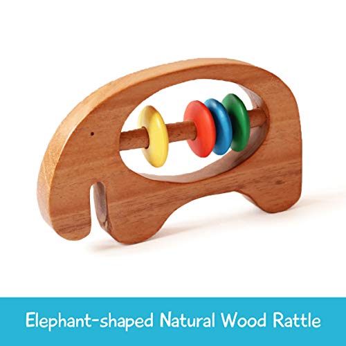 Shumee Wooden Elephant Rattle and Teething Toy for Infants, Babies(6 Months+) - Organic
