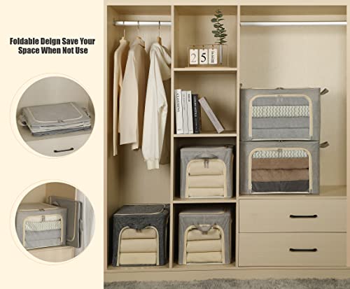 Image of 3 Opeings Large Clothes Storage Bins with Metal Frame, Foldable Storage Bin for Clothes, Clothing Storage Bins with Lid, Linen Storage Box With Clear Window& Zippers& Handles.(3 Pcs,Light Grey,66L)