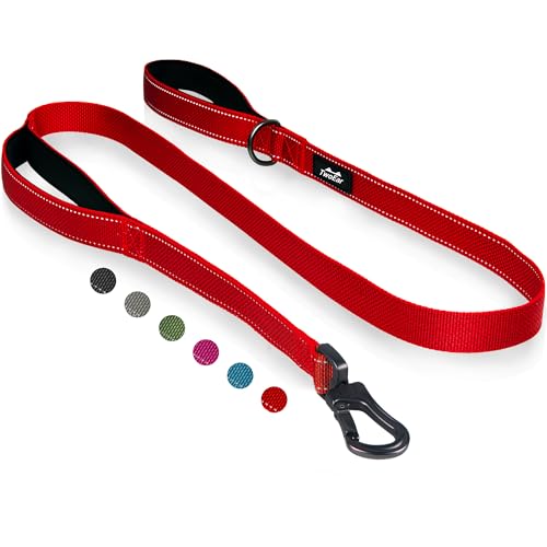 TwoEar 4FT 1IN Strong Red Dog Leash with 2 Padded Handles, Traffic Handle Extra Control, Comfortable Soft Dual Handle, Auto Lock Hook, Reflective Walking Lead for Small Medium and Large Dogs