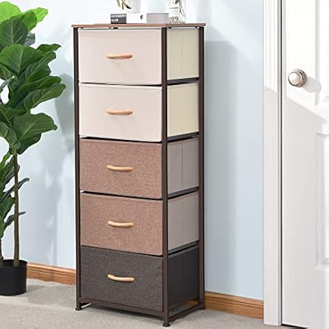 APEXCHASER Chest of Drawers,5 Fabric Storage Drawers,Slim Dresser Space-Saving, Large Fabric Drawer Storage Sideboard with Wood Top,Steel Frame,Easy Pull Handle for Bedroom,Living Room,Hallway,Brown Cover