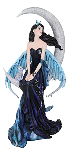 Ebros Gift Large Indigo Moon Celestial Witching Hour Fairy with Kitten Cat Statue 11.75" Tall by Nene Thomas Fairy Goddess in Night Gown Figurine As Mythical Fantasy Home Decor Collectible