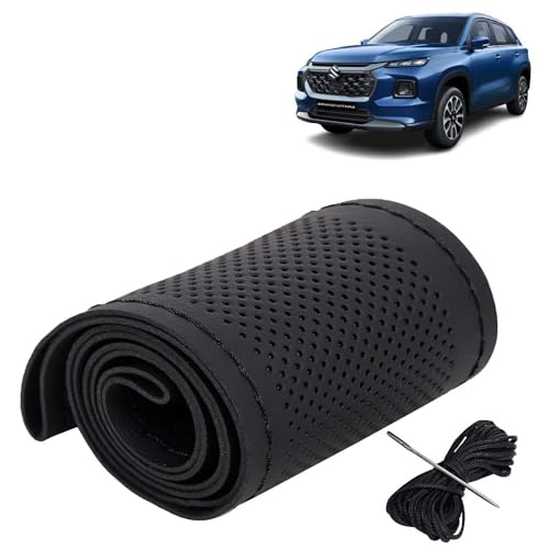 Image of KINGSWAY PU Leatherite Car Steering Cover Sewable Compatible with Maruti Suzuki Grand Vitara (Year 2022 Onwards), Black Color with Black Thread, Pack of 1 with Sewing Needle and Thread