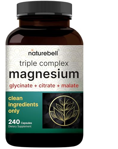 NatureBell Magnesium Complex for Women & Men 1 000mg Per Serving 240 Capsules Triple Magnesium Complex with Glycinate Citrate & Malate Chelated & Purified NonGMO Filler Free