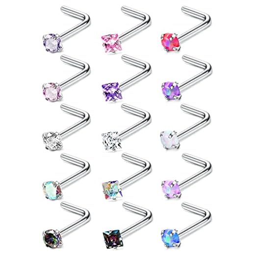 MILACOLATO 20G Nose Rings 316L Surgical Stainless Steel Nose Ring Studs L Shaped Studs Rings CZ Nose Ring Labret Nose Piercing Jewelry for Men Women