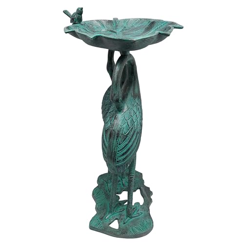 Image of Oakland Living 5608-GBK Cast Aluminum 30-in Twin Crane Black Patina Bird Bath with Leaf Bowl Birdbath