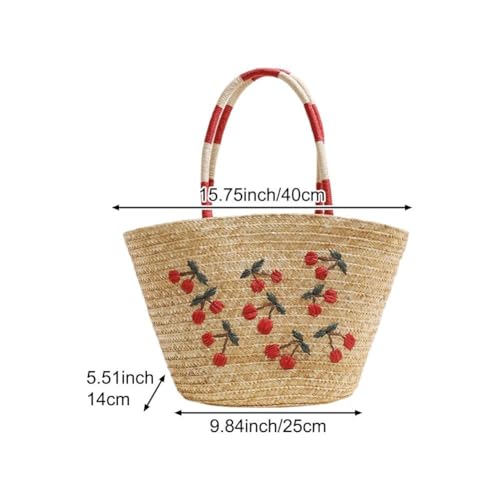 Women's Straw Shoulder Bag Large Rattan Woven Cherry Embroidered Summer Travel Beach Handbag Handmade Handle Purse4