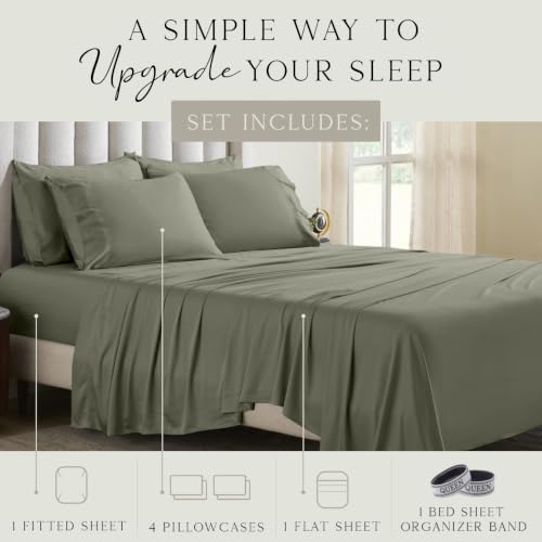 Image of KARISSA MAE 6 Piece Luxury Bamboo Viscose Queen Sheet Set, 4 Pillowcases | FSC Certified | Cooling | Ultra Soft | 18 inch Deep Pockets | Elastic Corner Straps | Includes Organizer Band [Cypress Green]