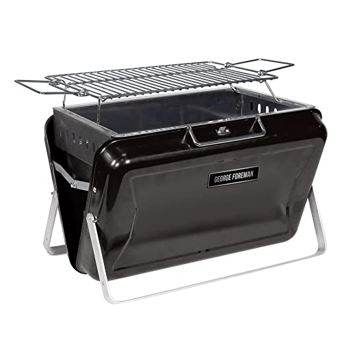 George Foreman Portable Charcoal BBQ, Go Anywhere Toolbox, Portable, Sturdy Foldable Legs, Convenient Handle, Lightweight, Camping, Black, Charcoal Barbecue, GFPTBBQ1005B