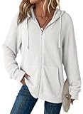 Dokotoo Hoodies for Women Casual Full Zip Up Hoodie Sweatshirt White Early Fall Clothes Solid Color Waffle Knit Long Sleeve Hooded Sweatshirts Pockets Jacket Coat for Women Girls 2026 Fashion Medium