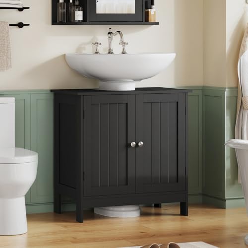 Image of TEENFON Pedestal Sink Storage Cabinet, Under Sink Cabinet with 2 Doors & Shelf, Under Bathroom Sink Cabinet, Pedestal Sink Storage for Bathroom, Black