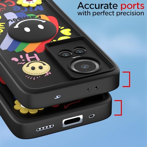Image of Pikkme Back Cover for Oppo Reno 10 5G | Soft Silicone| Cute Rainbow Smile & 3D Cartoon Flower Design | Shockproof Raised Camera Protection Bumper Case (Black)