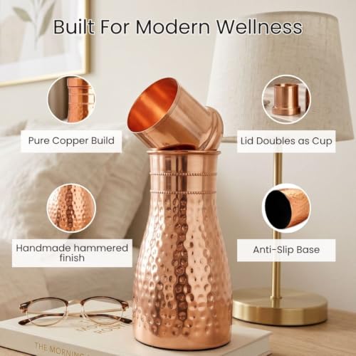 Image of Hammered Copper Bedside Pot | Pure Copper Water Vessel (Bedside Double) | Handcrafted Hammered, Copper Carafe with Lid, Ayurvedic Copper Vessel, Premium Gift Set