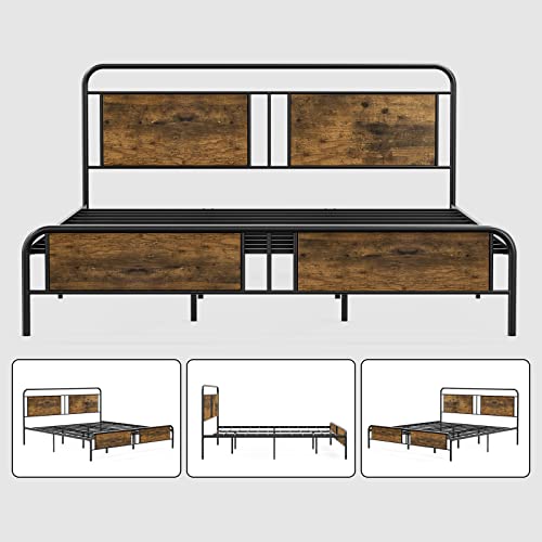 Ikifly King Bed Frame With Industrial Wood Headboard/Footboard, Heavy Duty Metal Slats Support, Under-Bed Storage, No Box Spring Needed - Rustic Brown #TOP4
