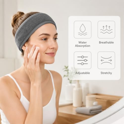 Image of Whaline 3Pcs Spa Facial Headband Make Up Wrap Head Terry Cloth Headband Adjustable Washable Towel for Face Washing Shower Skincare Facial Treatment Sport Fits Makeup (White, Black, Gray)