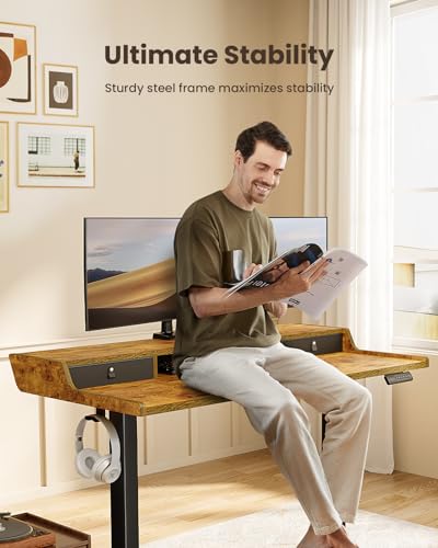 Image of ErGear Electric Standing Desk with Drawers, 63″ x 28″ Gaming Table Compatible Monitor Stand, Stand up Desks, Home Office Height-Adjustable Desk with Storage Shelf, 4 Preset Heights, Vintage Brown