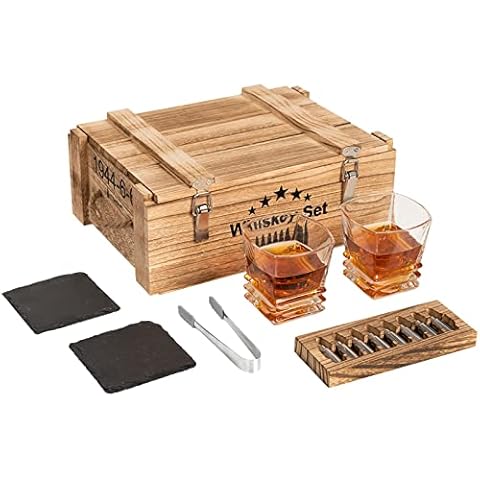 EooCoo Whiskey Stones Gift Set for Men, Premium Wooden Box with 2pcs Glass and 8pcs Stainless Steel Bullet Head Reusable Ice Cubes for Anniversary Birthday Wedding Housewarming Father's Day Cover