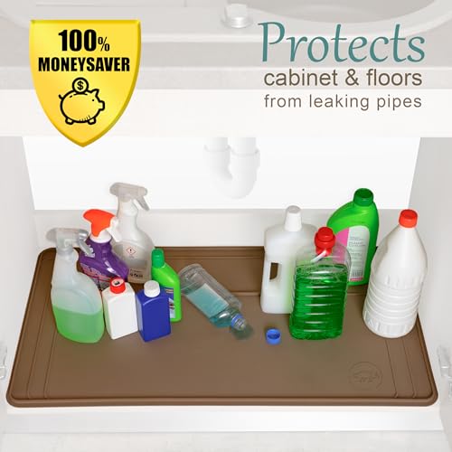 Image of The Original Under Sink Mat - Silicone Waterproof mat, Trimmable, Easy to Clean, Kitchen cabinet liner, Under sink protector mats, Drip Tray with Lip (Brown, 31 inch x 22 inch)