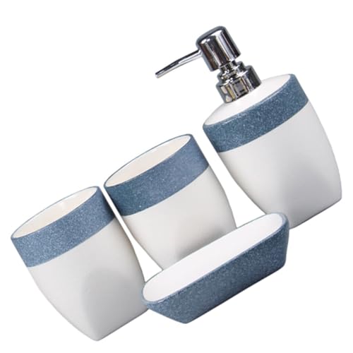 POPETPOP Juego de Accesorios de Baño Cerámicos Esmaltados Dispensador de Jabón, 4 Piezas, Blanco y Azul, Organizador de Encimera para Baño, Conjunto Funcional Hogar