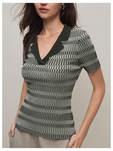 SweatyRocks Women's Striped Short Sleeve Sweater Lapel V Neck Business Casual Work Knit Tops3
