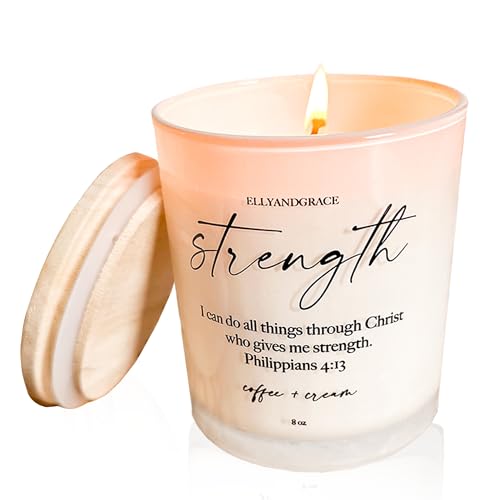 Elly & Grace - Scented Glass Soy Candle with Inspirational Bible Verse - Christian Gifts for Women Scented Candles for Home Thinking of You Gifts (Strength)