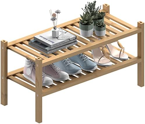 ROMGUAR CRAFT Bamboo Shoe Rack for Entryway, 2-Tier Free Standing Shoe Racks Stackable Shoe Rack Organizer For Hallway Closet Living Room 27 x12 x14 Inches