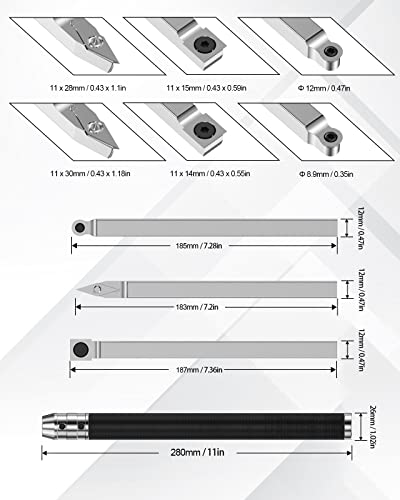 Katerk Carbide Tools For Lathe, Full Size Rougher Detailer Finisher,Wood Turning Tools For Lathe,Carbide Lathe Set (5 Bars+1 Interchangeable Handle) With Carbide Inserts, Wrench #TOP3