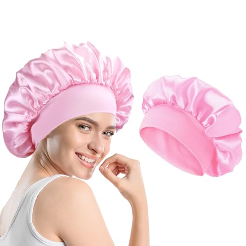 Image of Satin Bonnet Sleep Cap with Wide Elastic Band Silk Wrap Soft Headwear Sleep Cap for Women Girls Curly Hair