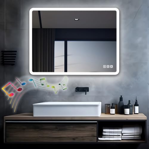 MIQU LED Badspiegel mit Beleuchtung 80x60 cm Badezimmerspiegel, Bad Groß Spiegel mit Bluetooth und...