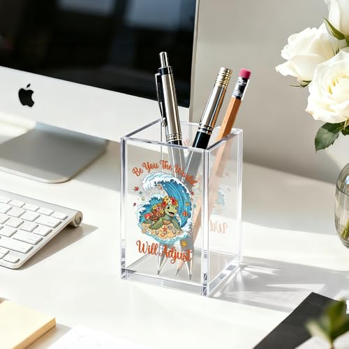 Image of Funny Sea Turtle Pen Holder for Desk, Ocean Theme Desk Accessories | Be You The World Will Adjust Pencil Holder for Desk, Sea Turtle Pencil Holder Bathroom Desk Accessories, Beach Pen Organizer