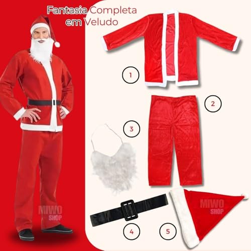 Fantasia de Papai Noel Adulto Completa Kit 5 Peças Roupa de Natal Luxo com Gorro+Barba+Cinto