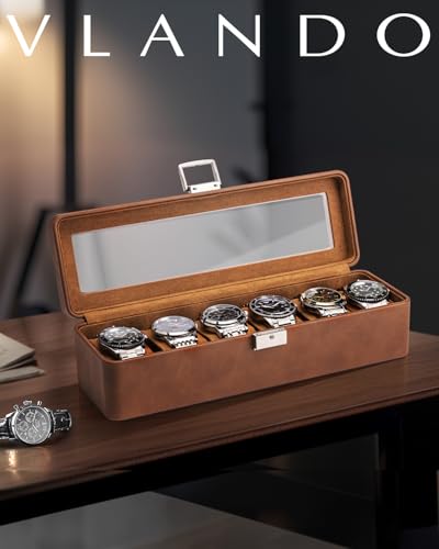VLANDO Uhrenbox Herren, 6 Uhren Uhrenkasten Leder, abschließbarer Uhrenkoffer mit Glasdeckel, Watch Box Uhrenaufbewahrung mit PU Uhrenkissen, Geschenk für Väter, Ehemann, Freund, Braun