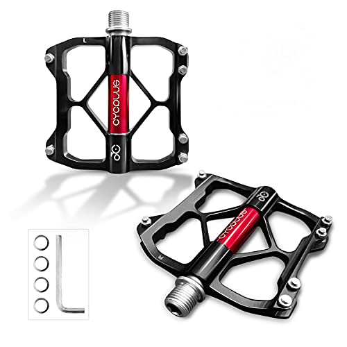 CYCPLUS Bicycle Pedals, 3 Bearings Mountain Bike Road Bike Pedals, Ultralight Aluminum Alloy Bicycle Pedals with Big Platform and 9/16 Inch Axle, Non-Slip Trekking MTB BMX Pedals Black & Red