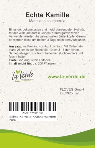 La Verde MEIN GARTEN UND ICH. Echte Kamille Samen für ca. 200 Pflanzen, traditionelles Heilkraut, samenfest, Kräuter Saatgut ohne Gentechnik