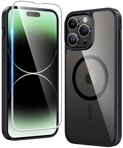 Image of FNTCASE for iPhone 14 Pro Case: Clear Magnetic Phone Cases with Screen Protector Compatible with Magsafe Slim Anti Yellowing Rugged Shockproof Protective Transparent Cell Phone Cover (B-Black)