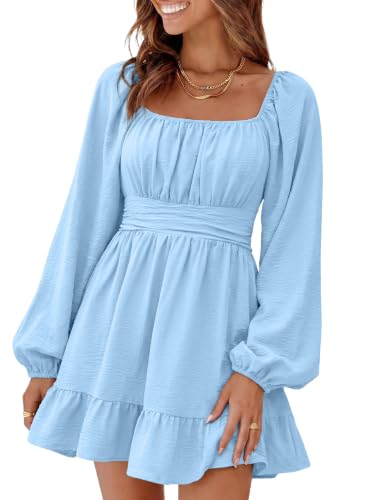 Image of Dokotoo Womens Dress Long Lantern Sleeve Square Neck Tie Backless Sexy Dress Ruffle Elastic Waist A-Line Mini Dress