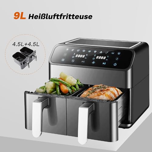 Sinaopus heißluftfritteuse XXL Airfryer 9L Air fryer mit Digitalem LED-Touchscreen heissluftfriteuse 2000 Watt 10 Programmen Einstellbare Temperaturregelung Sichtbares Sichtfenster – Bild 6